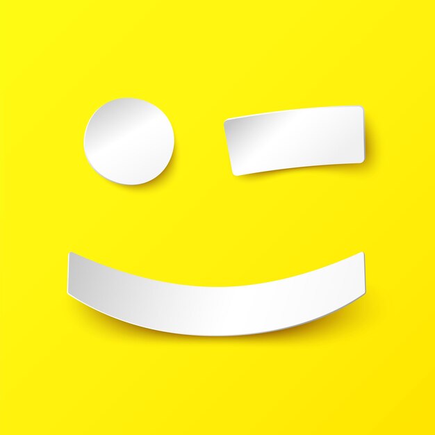 The paper winking smilie on a yellow background. Illustration in paper style. Vector happy smile