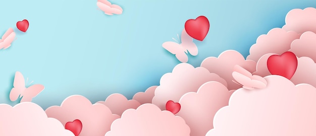 Papercut design,  paper clouds with butterflies. Pink cloud and blue background.