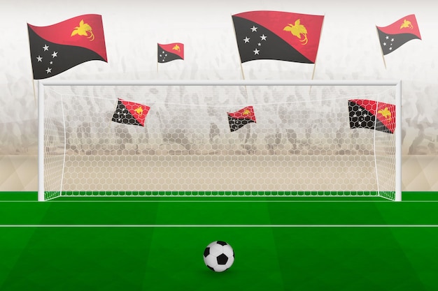 Papua New Guinea football team fans with flags of Papua New Guinea cheering on stadium penalty kick concept in a soccer match