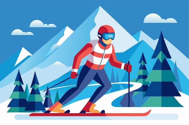 A para alpine skier skillfully maneuvers on a snowy trail surrounded by tall trees and mountains Para alpine skiing Customizable Semi Flat Illustration