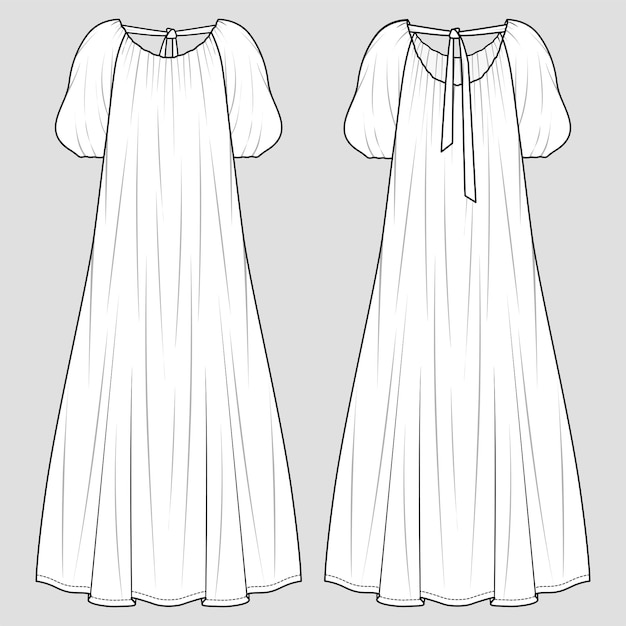 Parachute maxi dress. Trapeze silhouette, puff-Sleeves. Fashion sketch. Vector illustration. Flat technical drawing. Mockup template.