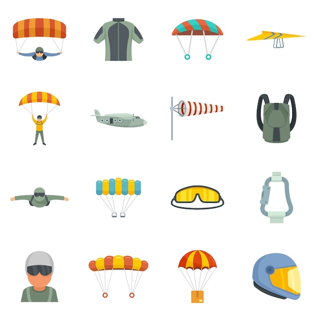 Parachuting icons set. Flat set of parachuting vector icons isolated on white background