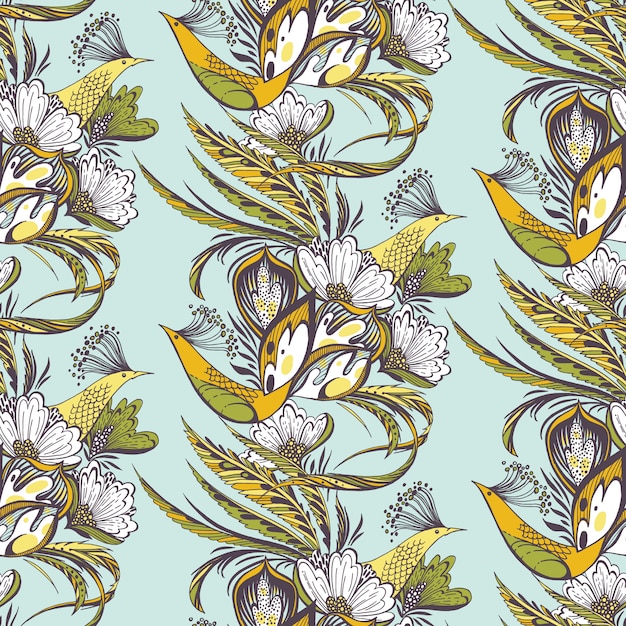 Paradise birds seamless eastern pattern in blue and yellow