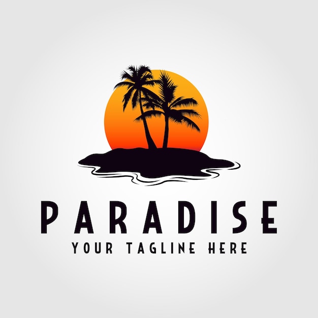 Paradise sunset beach Palm Tree and Water Wave vector design illustration