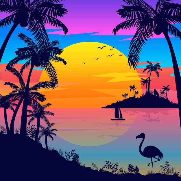 Paradise tropical beach sunset vector background