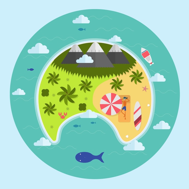 Vector paradise tropical island aerial view palms clouds and relaxing guy on beach in lounge under umbrella near the surfboard summer vacation concept landscape in flat design