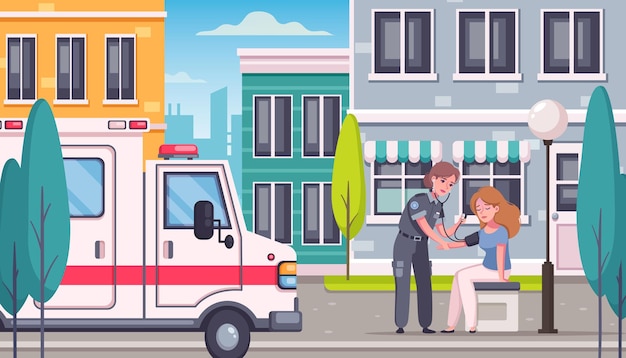 Paramedic and ambulance helping woman outdoors illustration