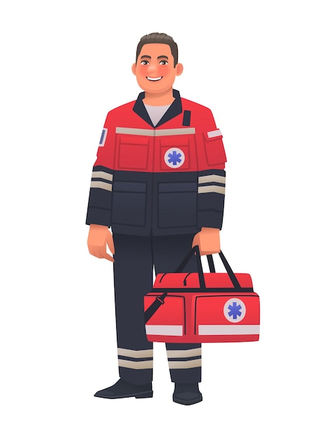 Paramedic man in uniform with full length first aid bag Emergency medical service worker