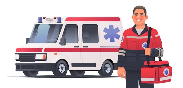 Paramedic man with a first aid bag on the background of ambulance Emergency medical service worker