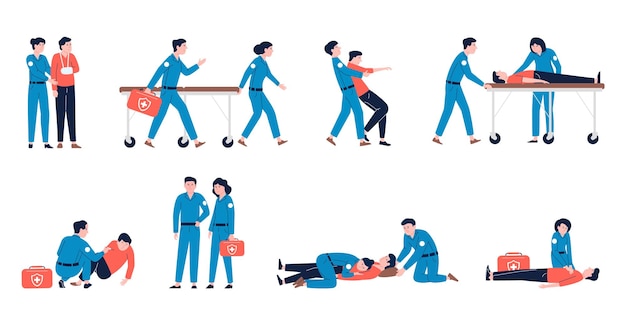 Paramedics at work save and reanimation people Rescue paramedic and ambulance man in accident Help health service first aid recent vector characters of medical emergency illustration