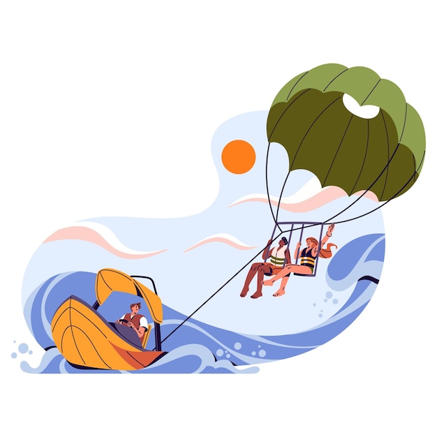 Parasailing on summer holiday sea vacation People fun flying parascending in sky Boat pull parachute by rope above water Extreme sport Flat isolated vector illustration on white background