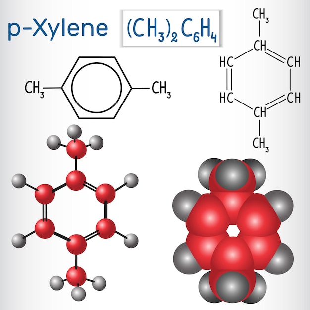 Paraxylene pxylene molecule structural chemical formula and model