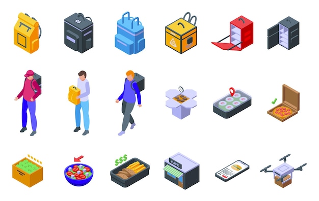 Parcel backpack icons set isometric vector Food delivery