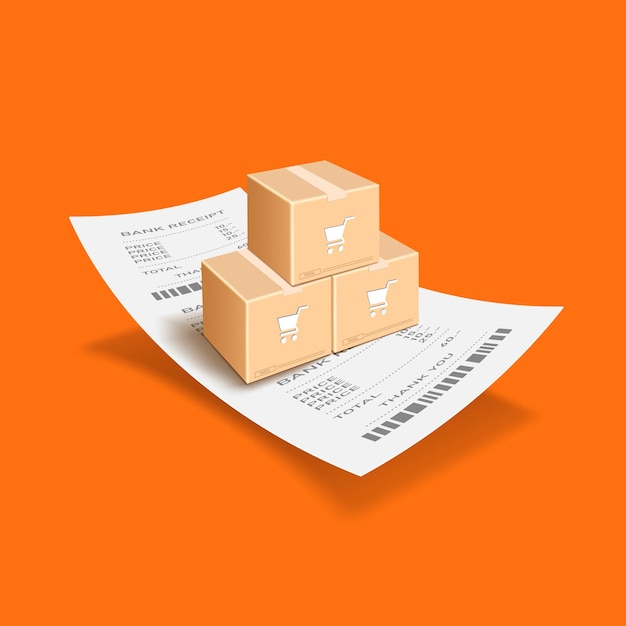 Parcel box with shopping cart icon on box placed on receipt paper and all object on orange backgroundvector 3d for delivery and online shopping advertising conceptdesign