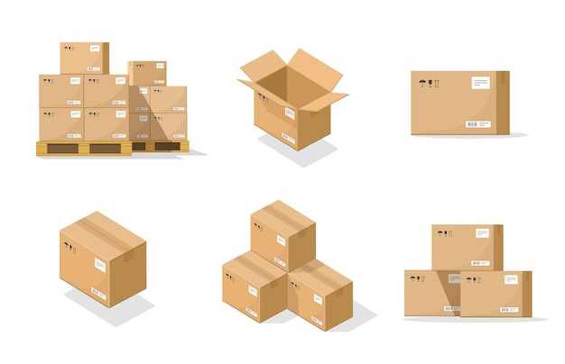 Parcel boxes pack set isometric and cardboard postal packages pile open and closed flat and 3d