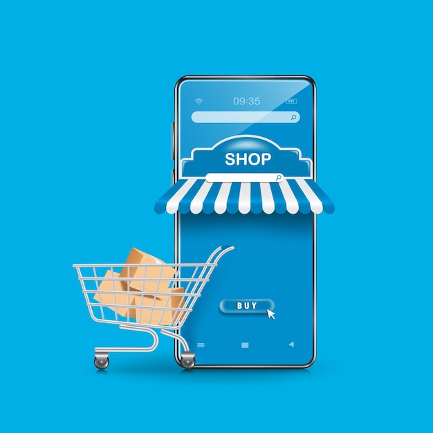 A parcel in a cart sits in front of a blue smartphone shop