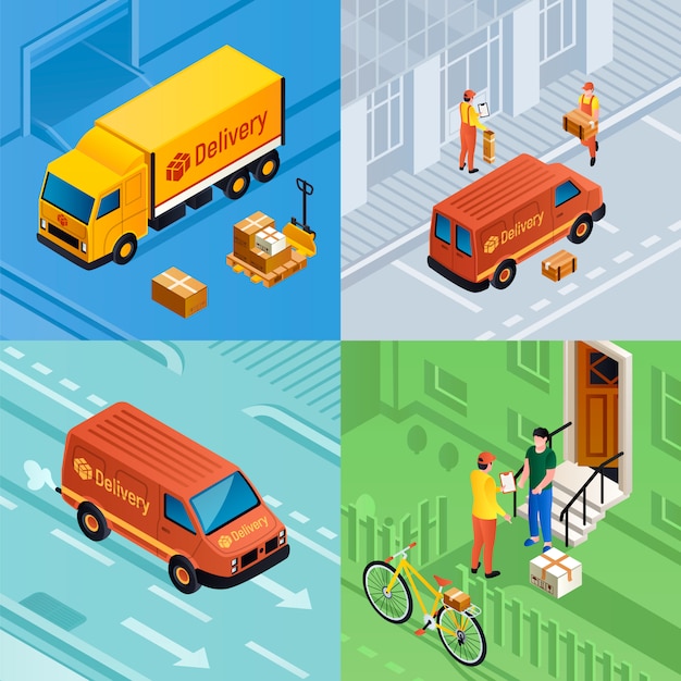 Parcel delivery illustration set. Isometric set of parcel delivery