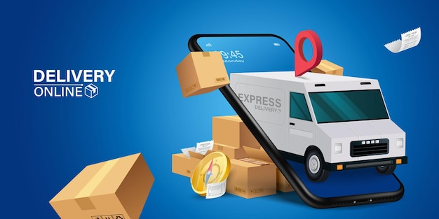 Parcel tracking appdelivery truck with cargo box is on a mobile phoneexpress delivery box