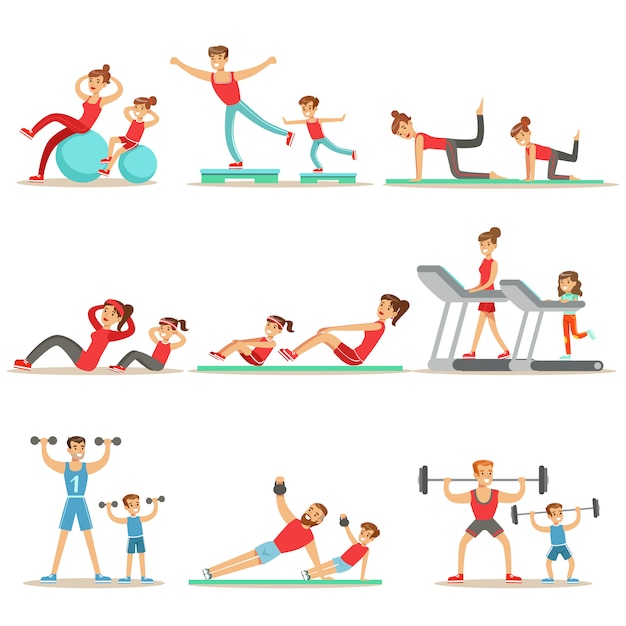 Parent And Child Doing Sportive Exercises And Sport Training Together Having Fun Series Of Scenes