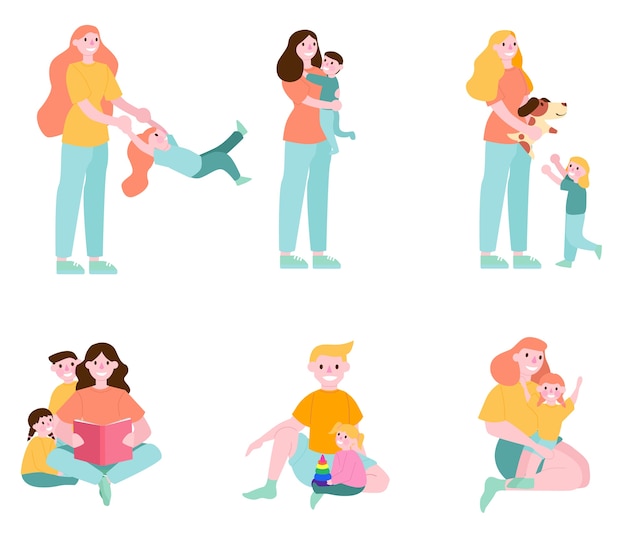 Parent and child set. Happy woman and kid spend time together. Father holding his child. Kid playing and hugging with parent. Set of  illustration 