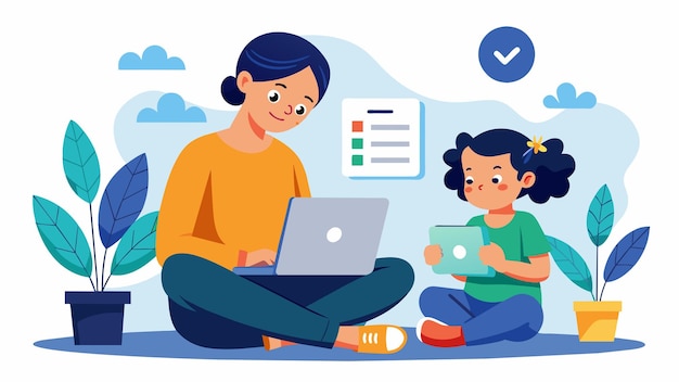 A parent and child sit together scrolling through a budgeting app that allows them to track and