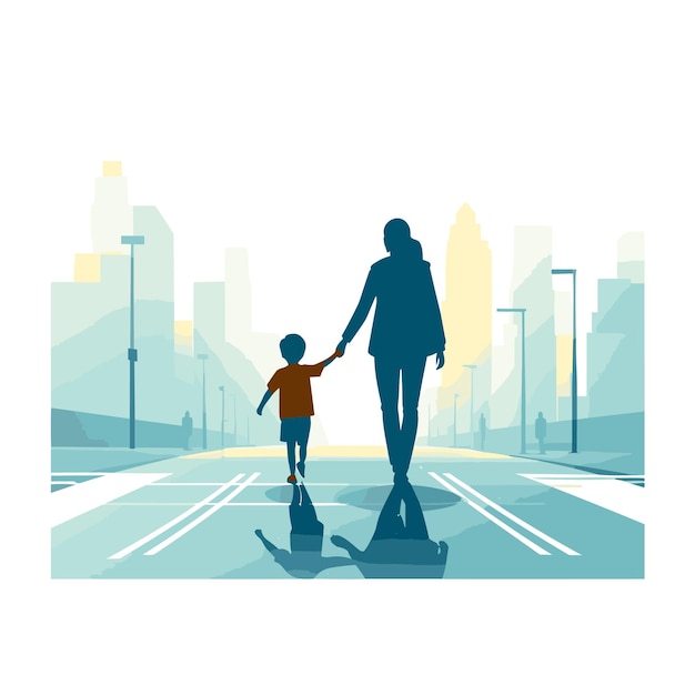 Parent holding their child's hand crossing the road Vector illustration