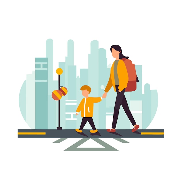 Parent holding their child's hand crossing the road Vector illustration