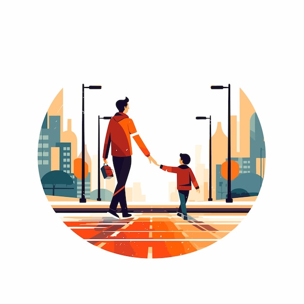 Parent holding their child's hand crossing the road Vector illustration