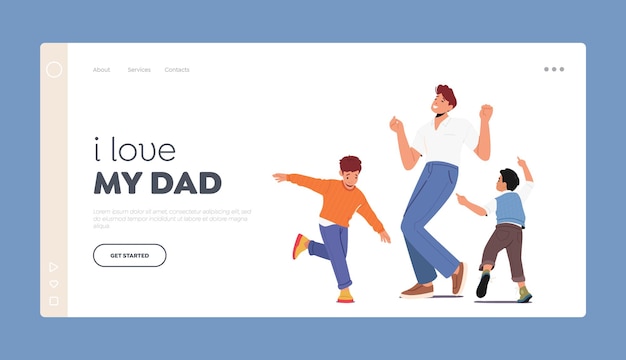 Parent with Children Dance Landing Page Template Dad and Kids Characters Fun Sparetime Leisure Rejoice Together