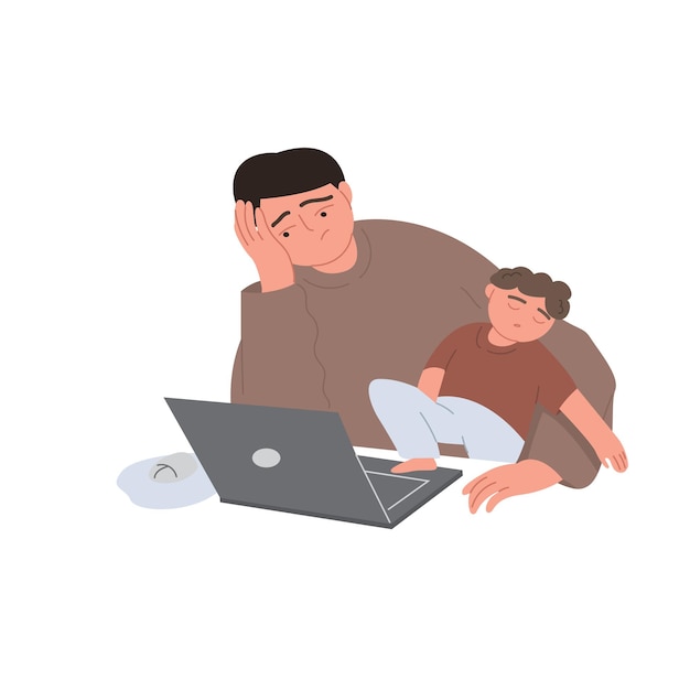 Parent works at the computer and puts the child to sleep The tired father is sitting at the table The concept of parenthood and child care Vector flat illustration on an isolated white background