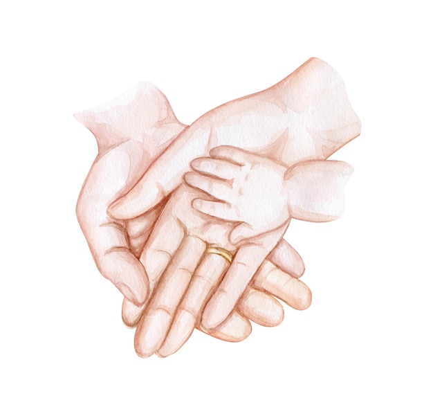 Parental hands, father, mother and baby. Motherhood watercolor illustration. Happy family