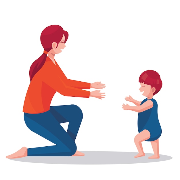 Parenting concept with illustration of mother with her baby that learn to walk