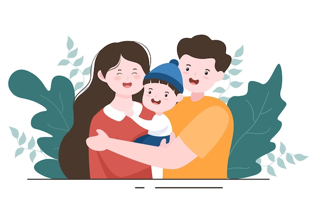 Parenting of Mother, Father and Kids Embracing Each Other in Loving Family. Cute Cartoon Background Vector Illustration for Banner or Psychology