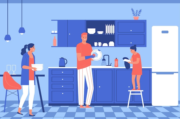 Parents and child clean the kitchen with the whole family flat illustration