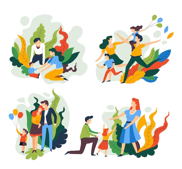 Parents and children, family holidays isolated abstract icons vector. Father, mother and kids playing or jumping with balloons, brother and sister, son and daughter. Love and care, day in park