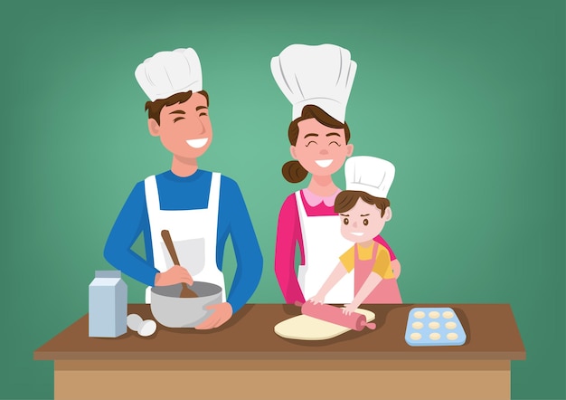 Parents and children preparing a festive cake at the kitchen family ties vector illustration