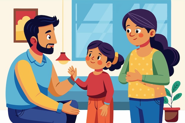 Vector parents converse with their child in a warm and inviting home environment sharing laughter and ideas father and mother talking to their son or daughter