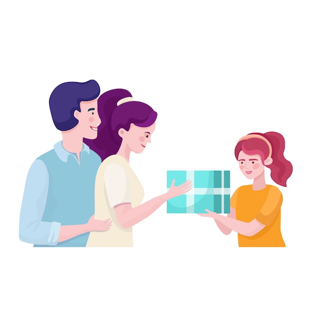 Parents giving present to daughter illustration. Family time together flat concept.