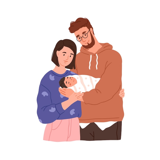 Vector parents holding newborn baby happy family portrait with father mother and new born child wife and husband with infant in hands flat graphic vector illustration isolated on white background