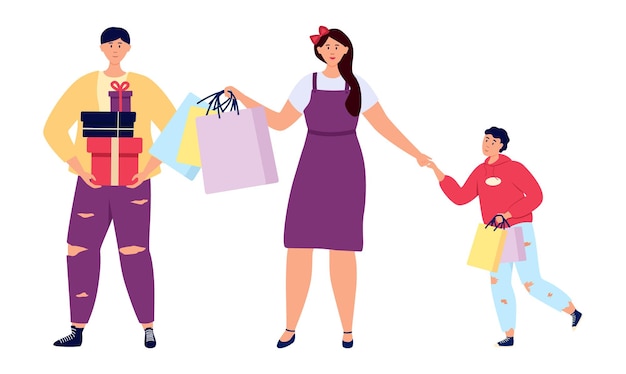 Parents and kid buying gifts. Holiday shopping concept. Vector illustration