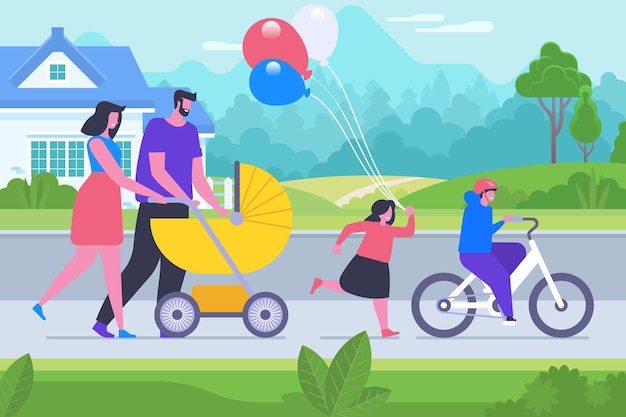 Parents and kids bonding flat vector illustration. Mother, father, son and daughter cartoon characters. People celebrating family day. Young couple with pram, boy riding bike, girl holding balloons