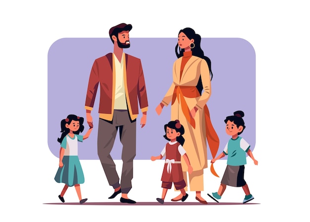 Parents and little children walking together big indian family standing together parenthood concept