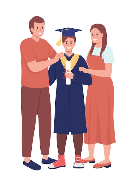 Parents and son alumnus semi flat color vector characters Standing figures Full body people on white Graduation ceremony simple cartoon style illustration for web graphic design and animation