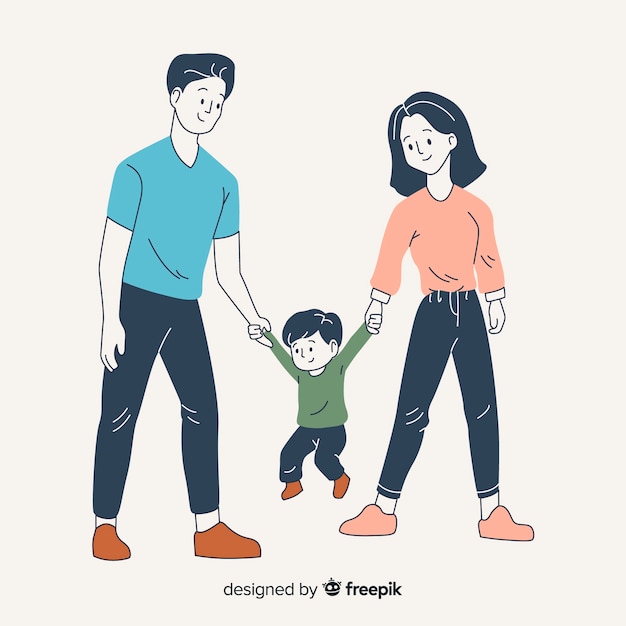 Parents and son in korean drawing style