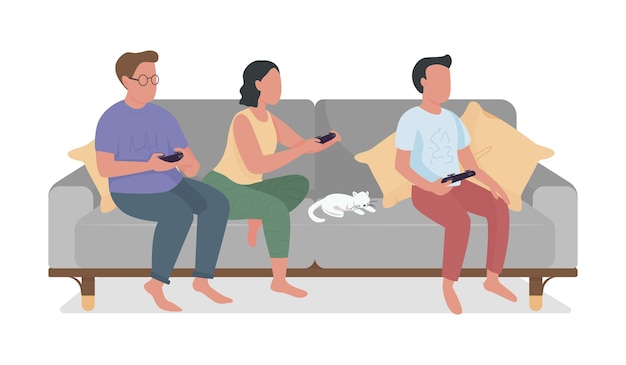 Parents and teen relaxing with video game semi flat color vector characters