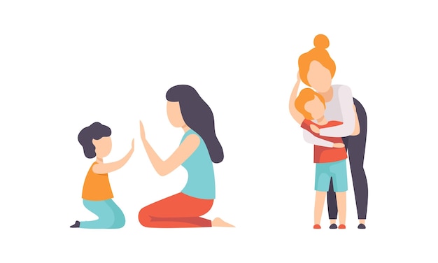 Parents and their Kids Having Good Time Together Set Mom Playing Patty Cake and Hugging Son Flat Vector Illustration