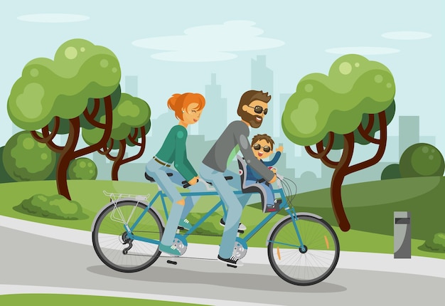 Parents with child riding tandem outdoor in the city park Happy family concept