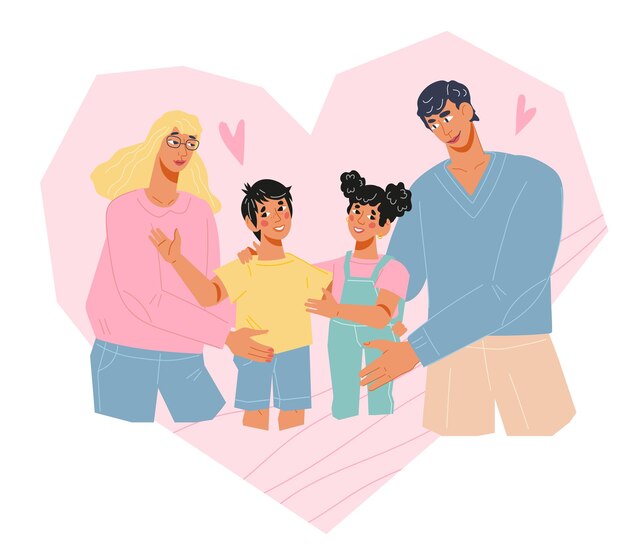 Parents with children in heart shape frame for family day healthcare