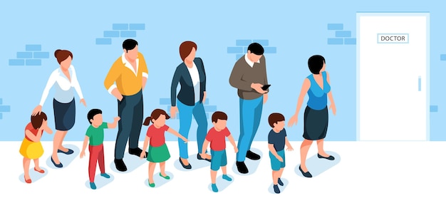 Parents with children waiting in queue for doctor appointment isometric