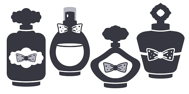 Vector parfume bottles set aroma essence in different glass packages perfume silhouette isolated vector